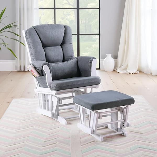 Noni Gray and White Polyester Glider Recliner Chair with Square Ottoman