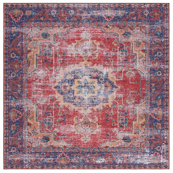 SAFAVIEH Tucson Red/Navy 6 ft. x 6 ft. Machine Washable Medallion Floral Distressed Square Area Rug