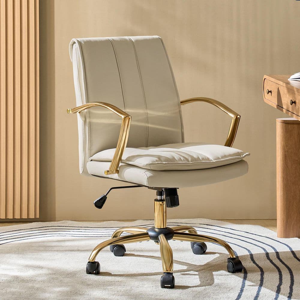 JAYDEN CREATION Carlos Genuine Leather Swivel Office Chair in Beige ...