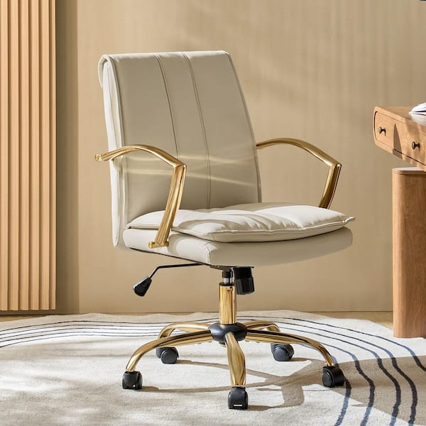 Carlos Genuine Leather Swivel Office Chair in Beige with Armrests