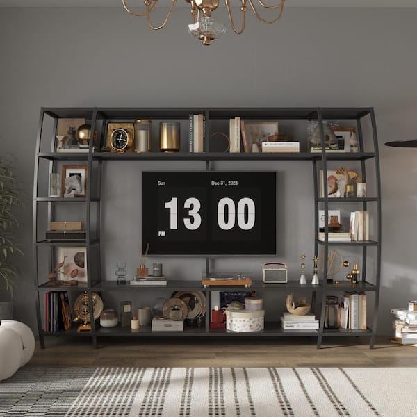 FUFU&GAGA Black Metal Frame TV Stand Entertainment Center Fits TV's up to 60 in. with 12 Open Shelves and Bridge Structure