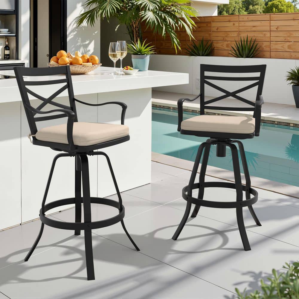 (2-Pack) Cast Aluminum Outdoor Bar Stool 360° Swivel Patio Bar Chairs with Sunbrella Fabric Cushion in Champagne price history on PriceWatchPro