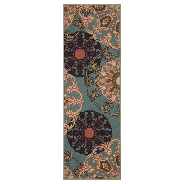 Ottomanson House Collection Non-Slip Rubberback Boho Design 2x5 Indoor Runner Rug, 1 ft. 8 in. x 4 ft. 11 in.,Seafoam Green