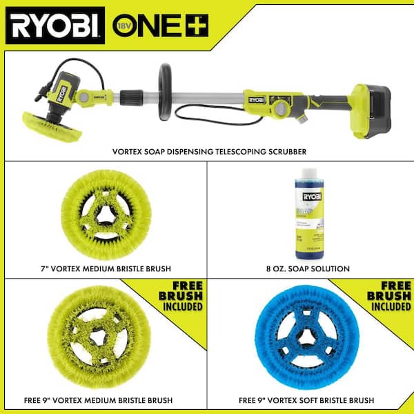 ONE+ 18V Cordless Soap Dispensing Scrubber (Tool Only) with (2) 9 in. VORTEX Medium and Soft Brushes