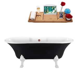 68 in. x 34 in. Acrylic Clawfoot Soaking Bathtub in Glossy Black with Glossy White Clawfeet and Matte Pink Drain