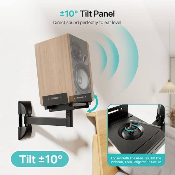 Adjustable Speaker Wall Mount Brackets 55 lbs. Capacity for Bookshelf Speakers 5.1 to 11.2 in. Width Black (2 Pack)