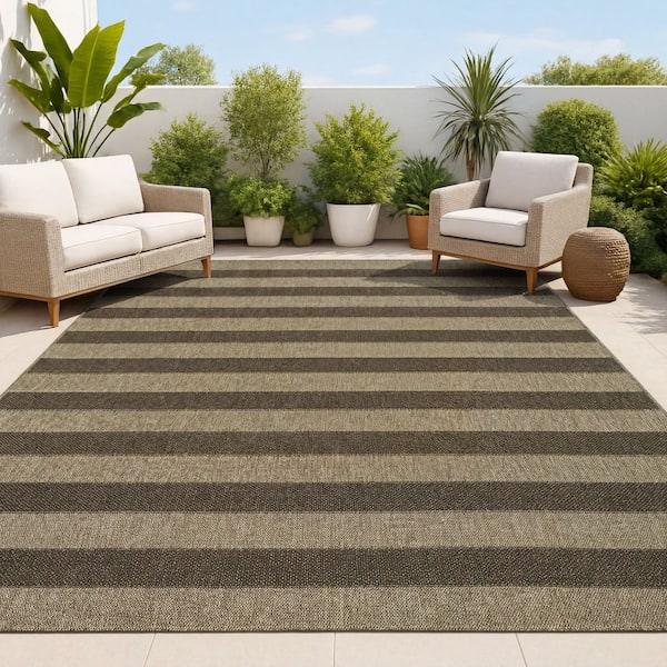 Sutton Easy Jute Modern Geometric Boho Stripe Natural/Brown 5 ft. x 8 ft. Indoor/Outdoor Area Rug