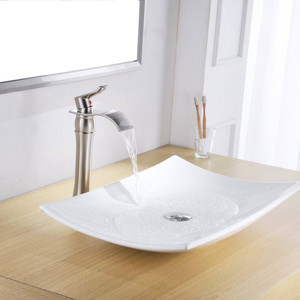 Tall Brushed Nickel Brass Waterfall Bathroom Faucet with Drain