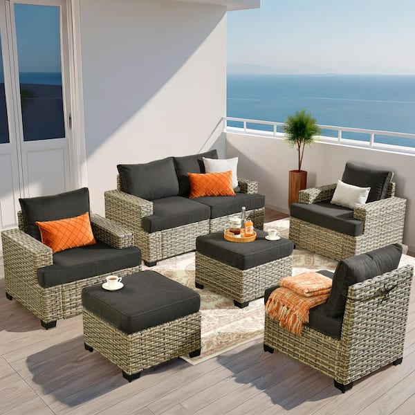 Silvae Gray 7-Piece Wicker Outdoor Patio Conversation Sectional Sofa Set with Black Cushion and 2 Ottomans for Backyard