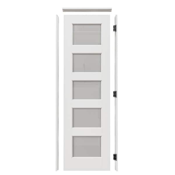 18 in. x 80 in. 5-Lite Frosted Glass Left White Solid Core Glass Single Prehung Interior Door+ Quick Assemble Jamb