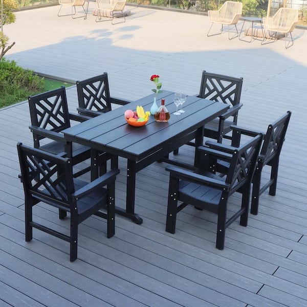 Sudzendf 7-Piece Black HDPE Plastic Outdoor Dining Set with Umbrella Hole for Garden, Backyard, Lawn, and Poolside