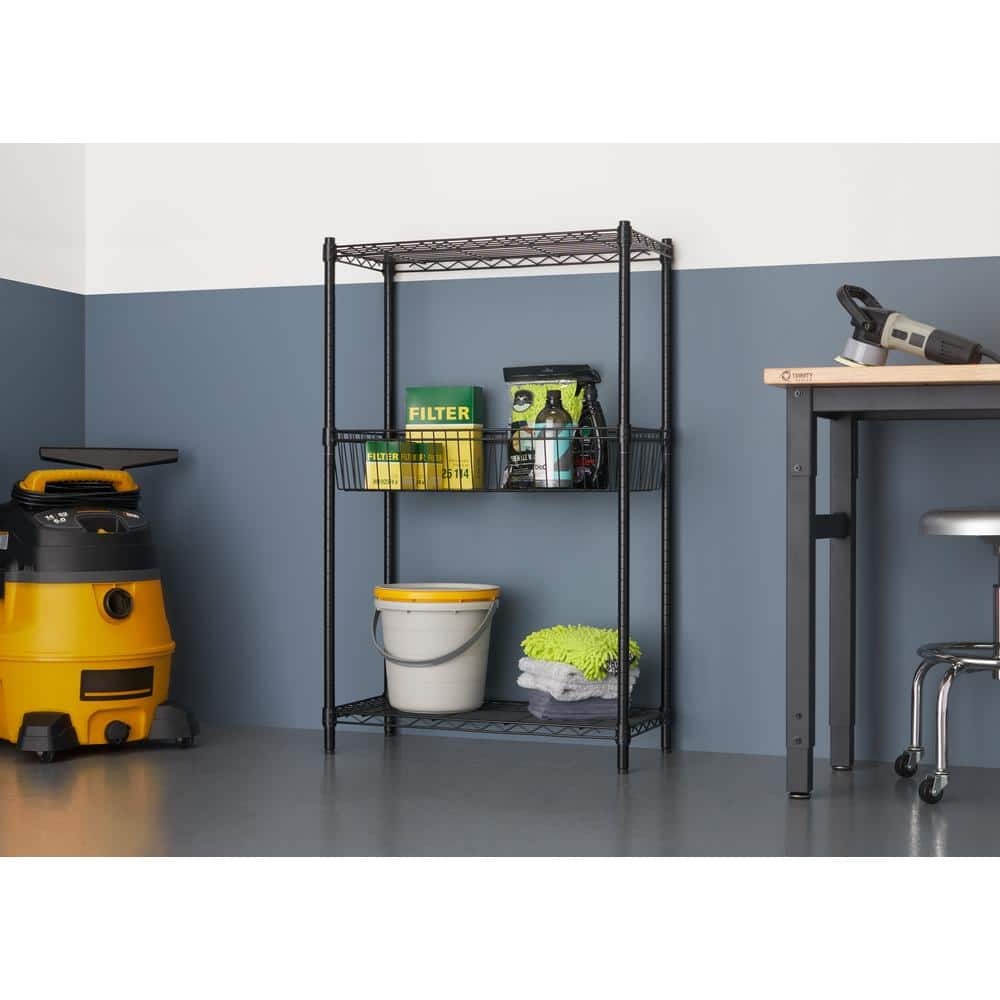Black Powder-Coated Steel 5-Tier Wire Shelving Unit with Wheels