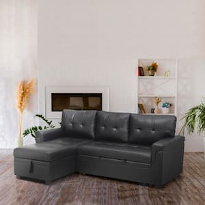 84.64 in. Faux Leather L-Shaped Sleeper Sectional Sofa with Square Arms in Black Reversible Chaise and Pull-out Sofa Bed