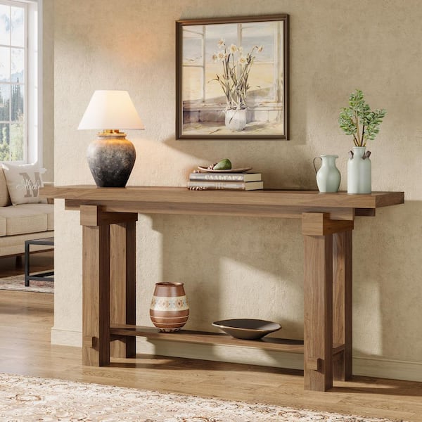 Turrella 63 in. Brown Rectangle Wood Console Table, Farmhouse Entryway Table with Storage