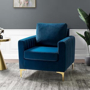 Ennomus Modern Navy Velvet Cushion Back Club Chair with Golden Metal Legs and Track Arms