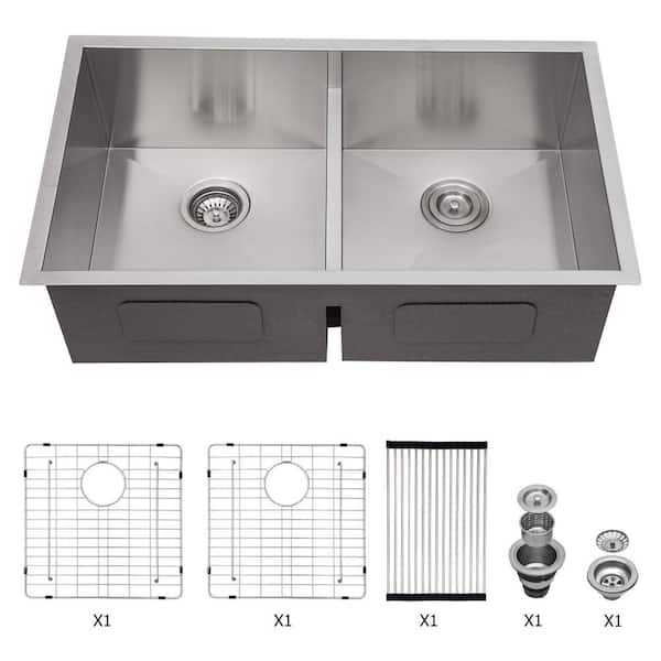 36 in. Drop-In/Undermount Double Bowl 16-Gauge Brushed Nickel Stainless Steel Kitchen Sink with Grid and Drain