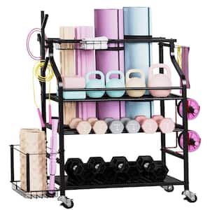 4 Layers Yoga Mat Storage Rack, Dumbbells Rack, Home Gym Holder Garage Storage Organizer with Wheels and Hooks