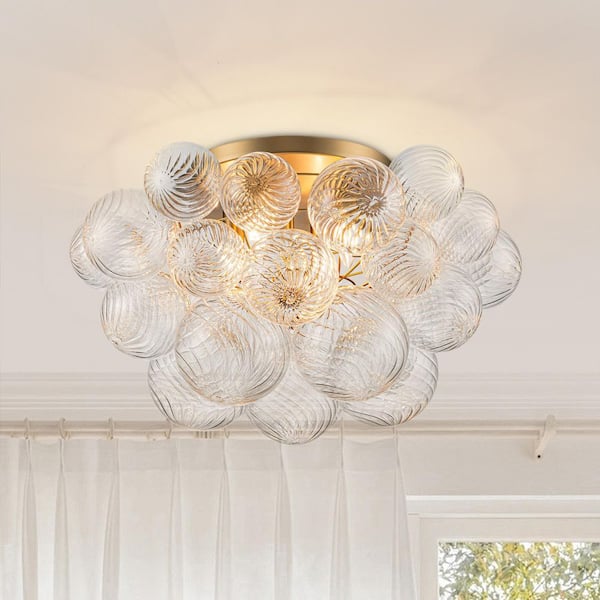 25.98 in. 4-Light Brushed Gold Industrial Semi-Flush Mount Modern Bubble Ceiling Light with Clear Twisted Glass Shade