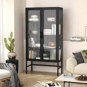 Modern Double Glass Door Display Case Black 3-Shelf Metal Pantry Organizer Storage Cabinet Sideboard Buffet Cabinet