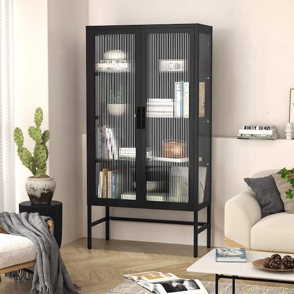 Unbranded Modern Double Glass Door Display Case Black 3-Shelf Metal Pantry Organizer Storage Cabinet Sideboard Buffet Cabinet