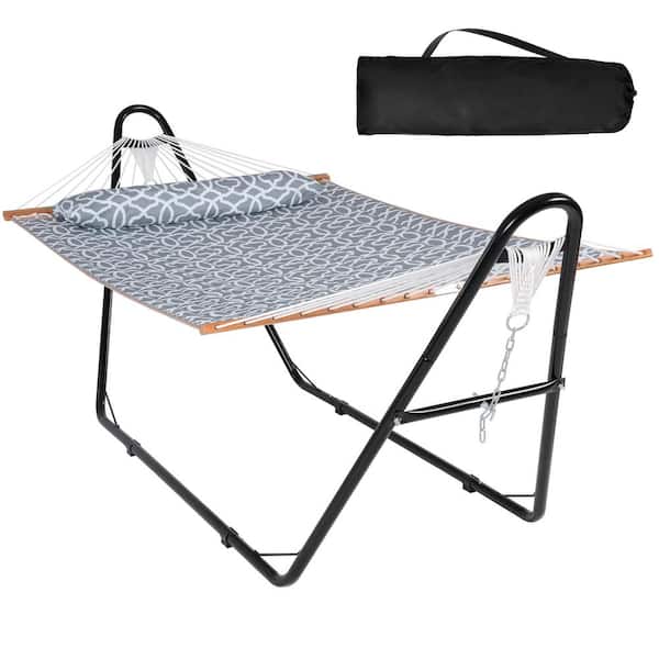 Atesun 10 ft. Quilted 2-Person Hammock Bed with Stand, up to 475-Capacity, Pillow Included, Gray Pattern