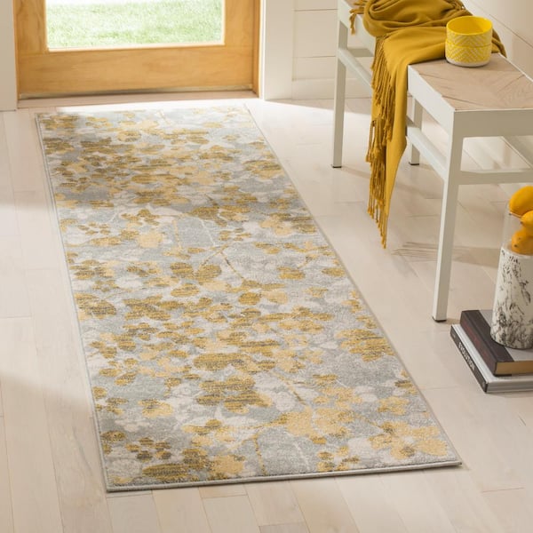 Evoke Gray/Gold 2 ft. x 9 ft. Floral Runner Rug