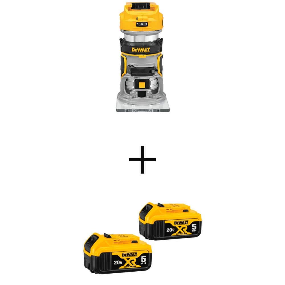 DEWALT 20V MAX XR Lithium-Ion Cordless Brushless Fixed Base Compact Router with (2) 20V MAX XR Premium 5.0 Ah Battery Packs -  DCW600BWCB205-2