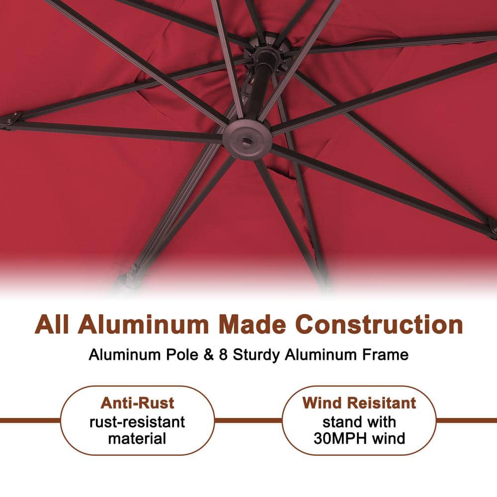 10 ft Red Square Aluminum Cantilever Patio Umbrella with Bluetooth LED Light