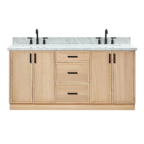 Kelly 73 in. W x 22 in. D x 36 in. H Double Sink Bath Vanity in White Oak with Italian Carrara White Marble Top