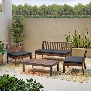 Caswell Dark Brown 4-Piece Wood Outdoor Patio Conversation Seating Set with Black Cushions