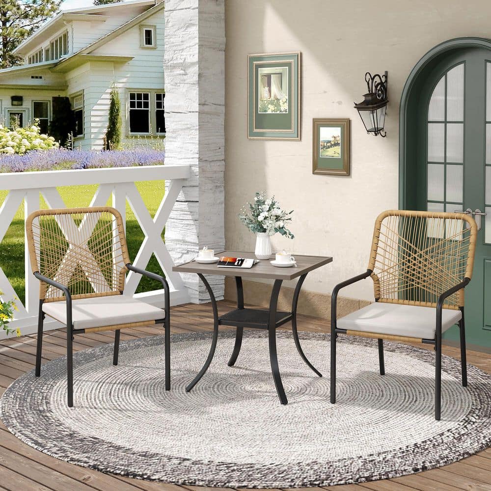 3-Piece Metal Outdoor Dining Set with 27.6 in. Gray Wood-Like Square Table and 2 Woven Rattan Chairs with Beige Cushions price history on PriceWatchPro