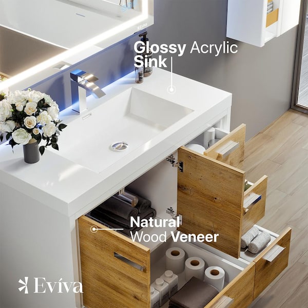 Eviva Grace 42 in. W x 20 in. D x 36 in. H Bathroom Vanity in Natural Oak with White Acrylic Top with White Sink