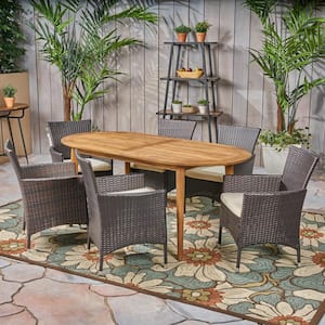 Stamford Teak Brown 7-Piece Wood and Multi-Brown Plastic Outdoor Dining Set with Beige Cushions