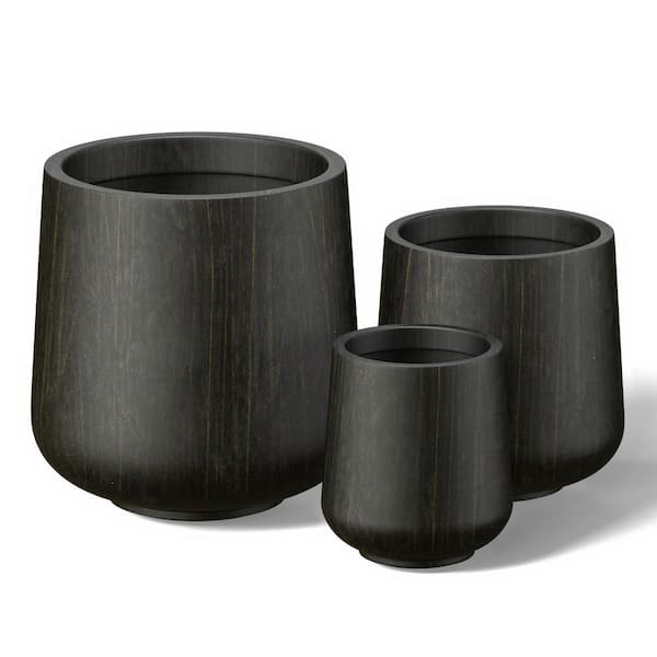 8.5 in. 12 in. 15.5 in. Bronzed Black Concrete Round Planter / Pot with Drainage Holes (Set of 3)