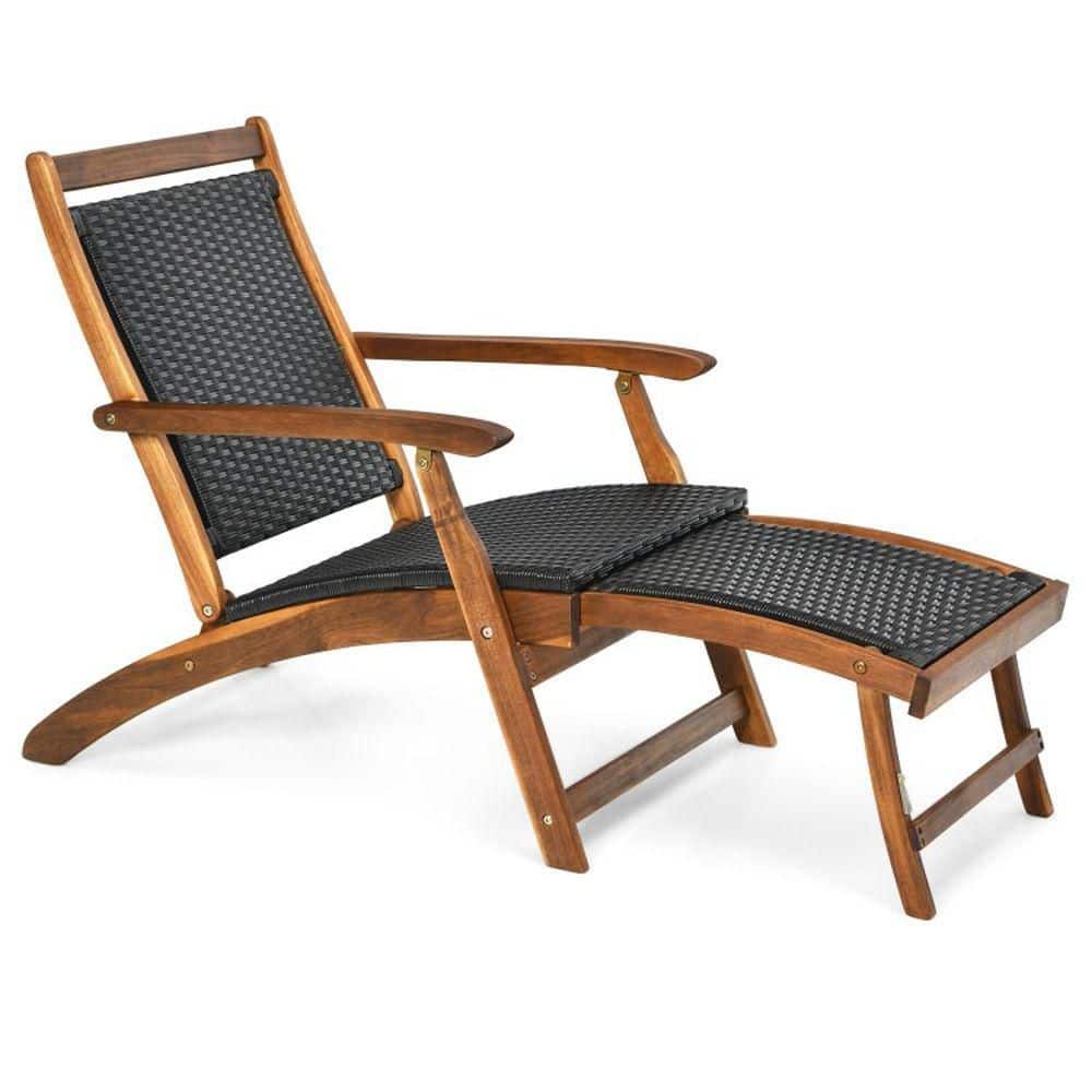 Patio Rattan Folding Lounge Chair with Acacia Wood Frame Retractable Footrest Outdoor price history on PriceWatchPro