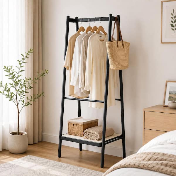 Black Solid Oak Wood Freestanding Coat Rack with Rattan Storage Shelves