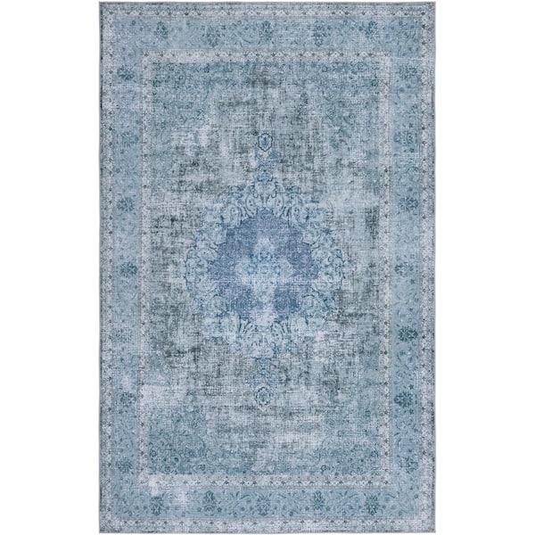Tuscon Blue/Green 4 ft. x 6 ft. Machine Washable Border Medallion Area Rug