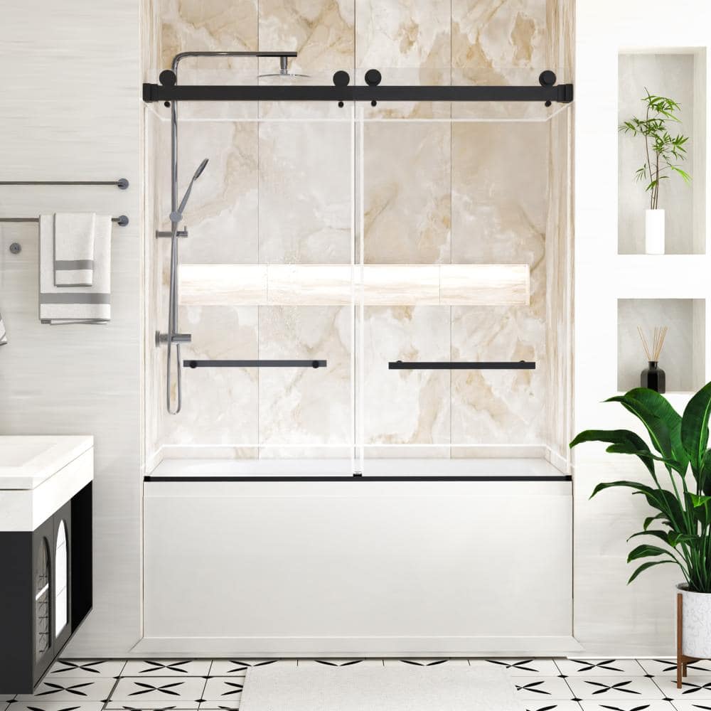 "56"" - 60"" W x 58"" H Frameless Double Sliding Bathtub Shower Door in Matte Black with Clear Glass" price history on PriceWatchPro