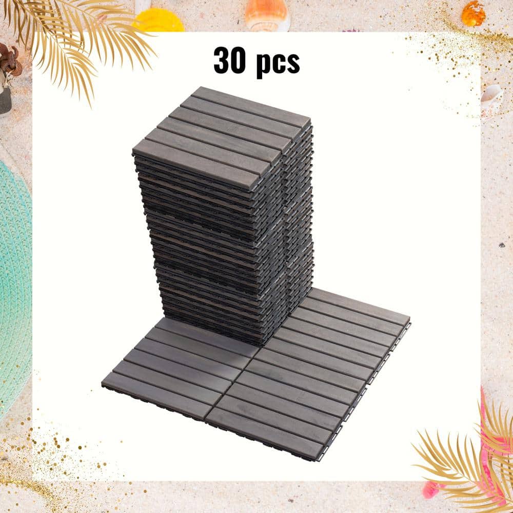 1 ft. x 1 ft. Solid Wood Striped Square Light Gray Interlocking Deck Tiles 