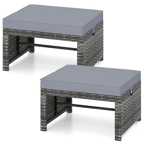 LIVIZA Gray Metal Frame and PE Rattan Outdoor Ottoman Set with Gray Zippered Cushion(Set of 2)