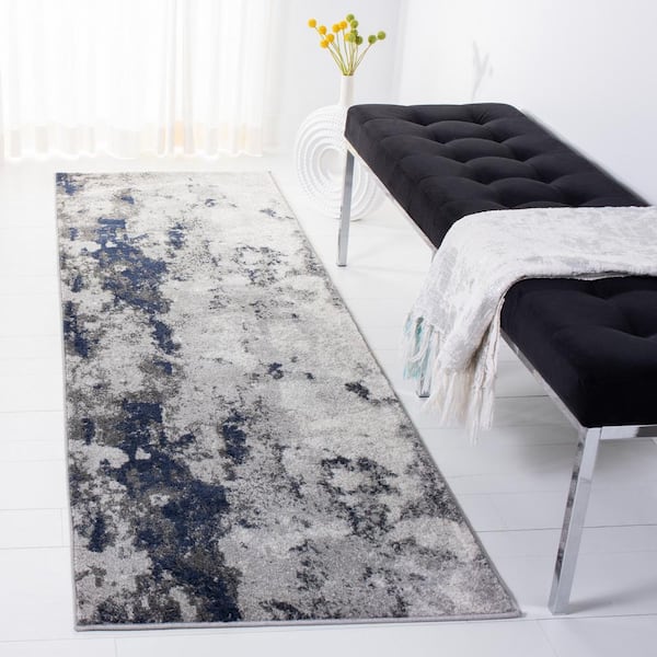 Adirondack 3 ft. x 14 ft. Navy/Gray Distressed Abstract Runner Rug