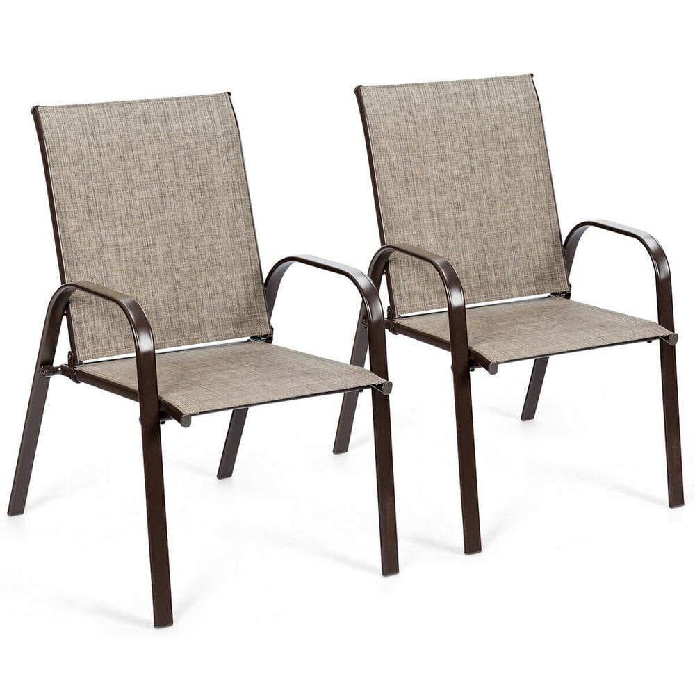Gray Steel Frame Outdoor Dining Chairs with Armrests, Set of 2