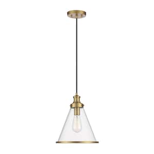 11 in. W x 12.75 in. H 1-Light Natural Brass Shaded Pendant Light with a Clear Glass Cone Shade