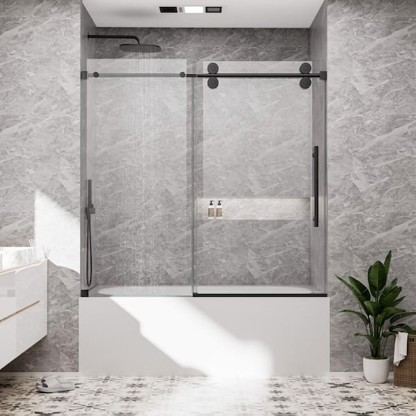 60 in. W x 66 in. H Single Sliding Frameless Tub Door in Matte Black with Smooth Sliding and 3/8 in. SGCC Clear Glass