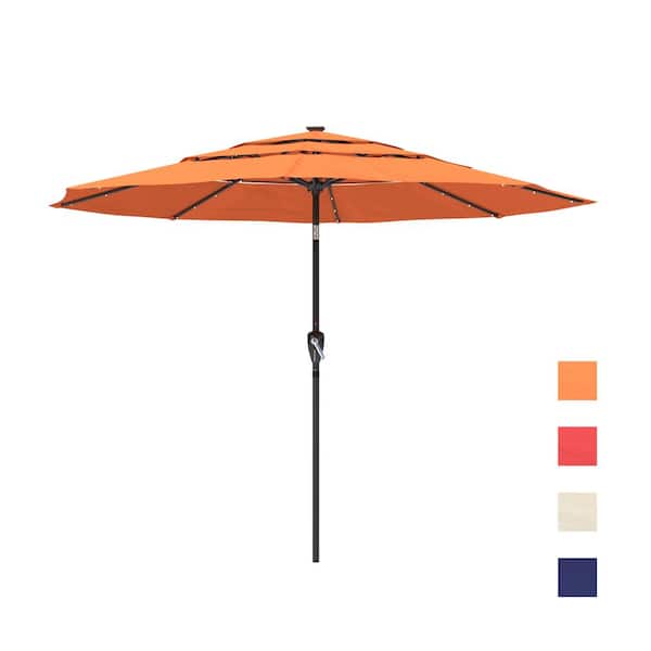 11 ft. Market Patio Umbrella 3-Tiers Crank and Tilt Outdoor Umbrella in Orange with LED Lights
