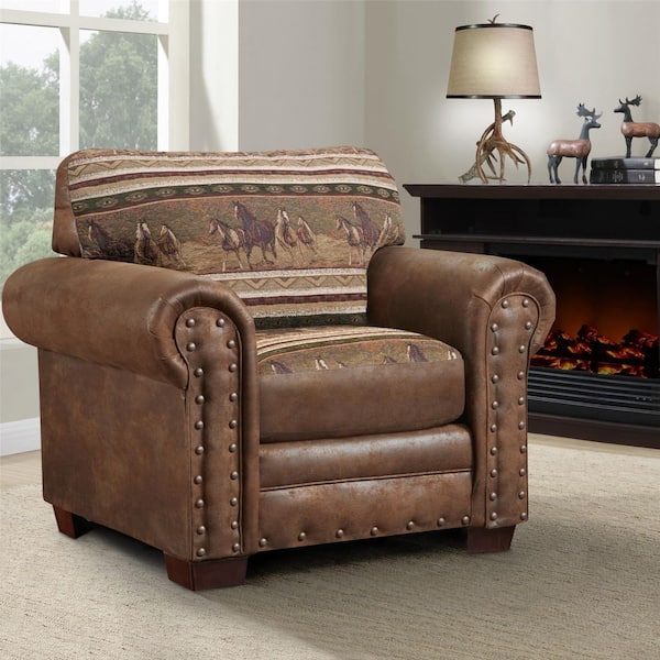 American Furniture Classics Wild Horses Lodge Brown Microfiber Arm Chair with Nailhead Trim (Set of 1)