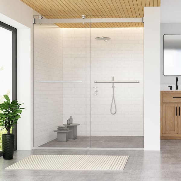 Altair Marcelo 64 in. W x 76 in. H Sliding Frameless Shower Door in Brushed Nickel Finish with Clear Glass