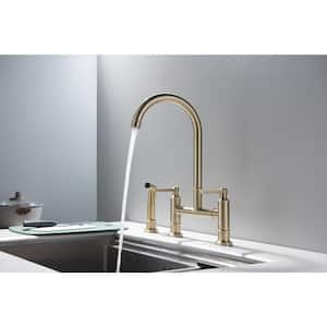 Double-Handle Bridge Kitchen Faucet with Side Sprayer in Brushed Gold