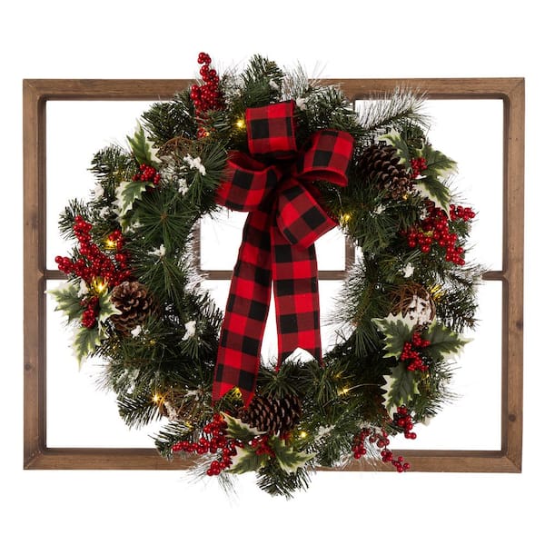 Glitzhome 7 in. Wooden Window Frame with LED Pre-Lit Flocked Pinecone and Ornament Wreath