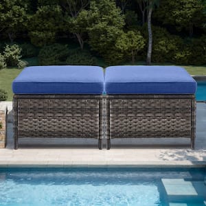 Gray Wicker Outdoor Ottoman with Blue Cushions (2-Pack)